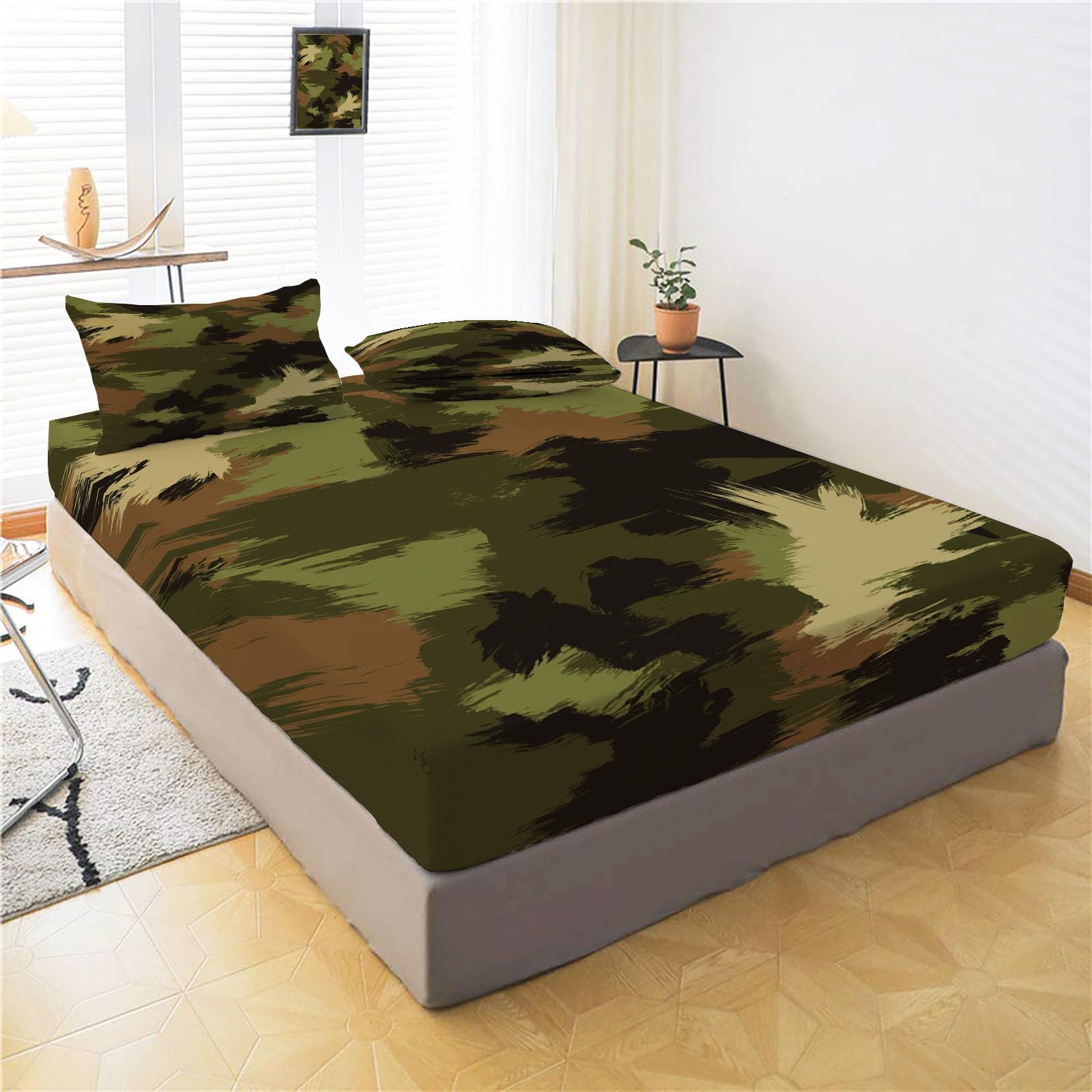 Sábanas 200X190/200Cm - Juego De Sábanas 3 Piezas Estampadas Grafiti De Camuflaje - Microfibra Suave Transpirable - Sábana Bajera Ajustable - Ropa De Cama Pintura Al Óleo Abstracta (Verde Militar)