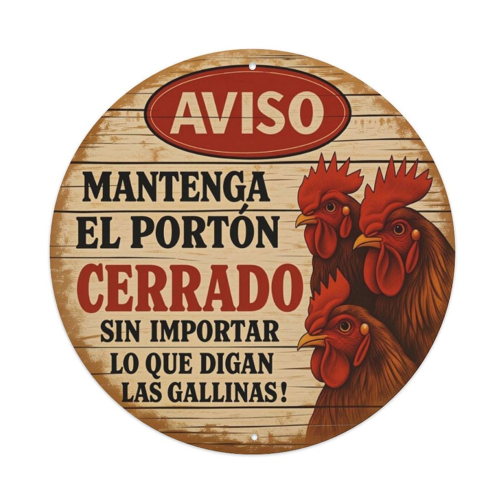 Farm Rooster Spanish Warning Round Decor Sign Vintage Aluminium Metal Sign, Retro Wall Decor for Home, Bar, Garage & Farmhouse 20x20cm