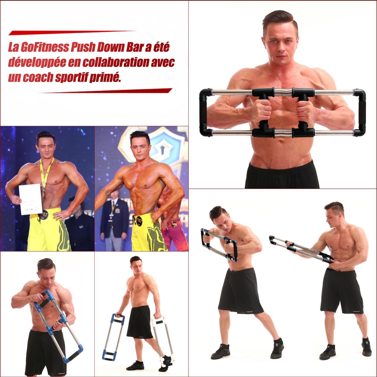 GoFitness Push Down Bar Appareil de Musculation des Pectoraux à Domicile | Muscler : Pectoraux, Bras, Épaules, Abdos et Dos - Entraîneur de Force pour la Maison