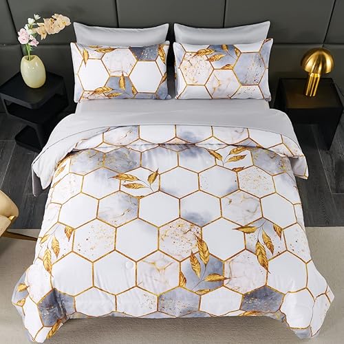 Miniatura 8 de Juego de edredón geométrico gris claro, tamaño Queen, 7 piezas, color blanco, hexagonal, ligero, con sábanas y fundas de almohada (blanco, Queen)