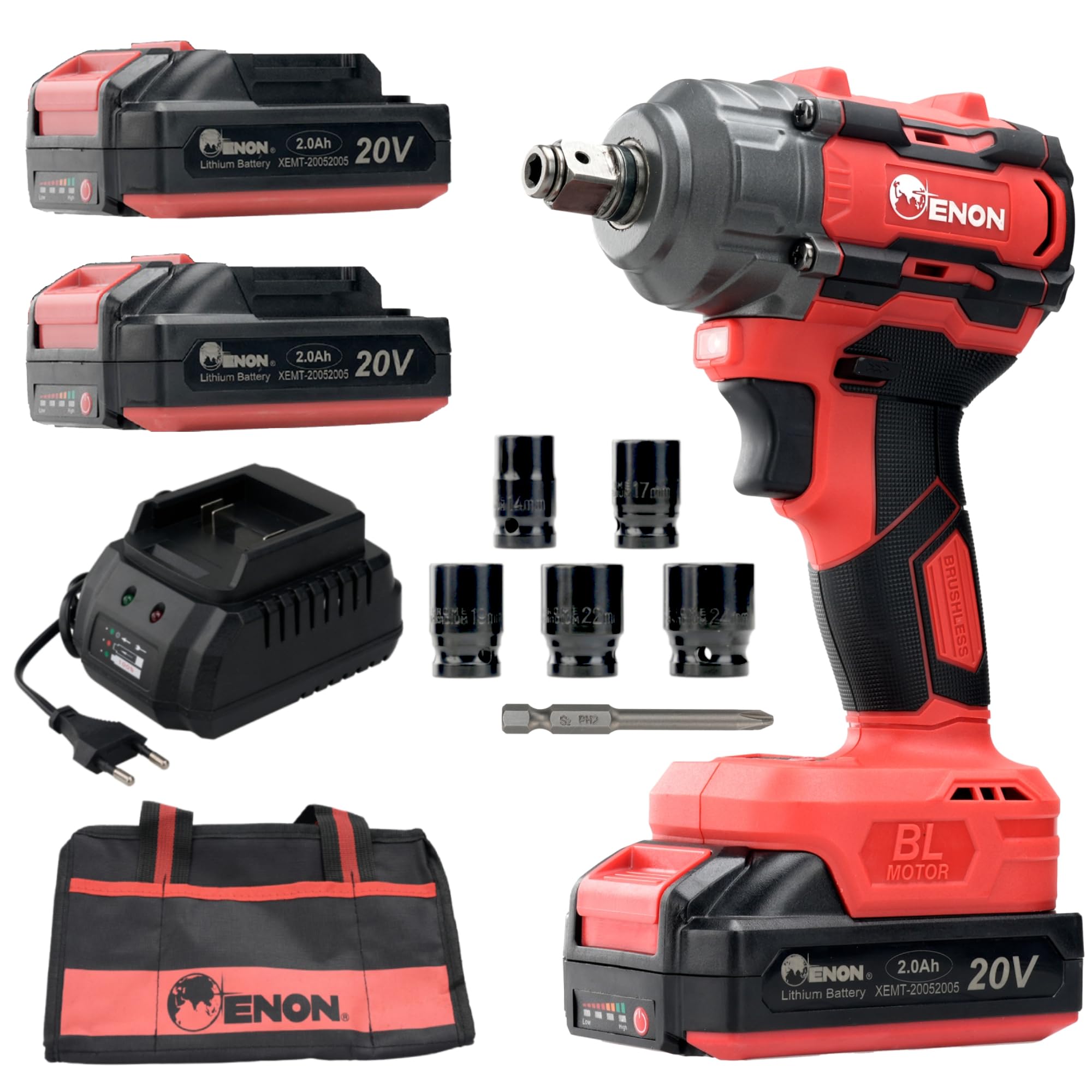 ENON 20V Impact Wrench Cordless Kit, 300Nm Torque, Powerful Motor, 2xLi-Ion 2.0Ah Batteries, 5 wrench sockets, F/R, Brushless, Woodworking Tool, Drill, Screwdriver - 6 Month Warranty (XE-BL2031)-picture-13