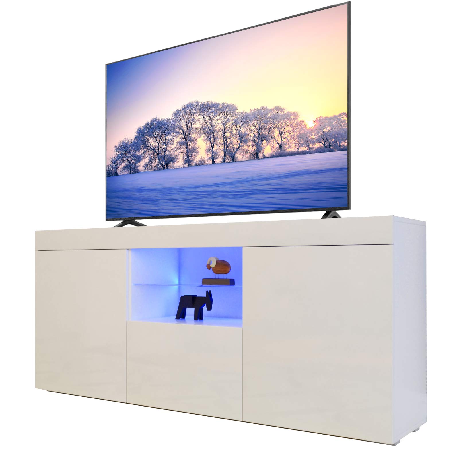Dripex Mobile Porta TV Moderno con Luce a LED, Mobile TV Laccato Lucid per Soggiorno, 2 Ante Ribalta Mobiletto Televisore in Legno, 135 x 33.5 x 70 cm, Bianco
