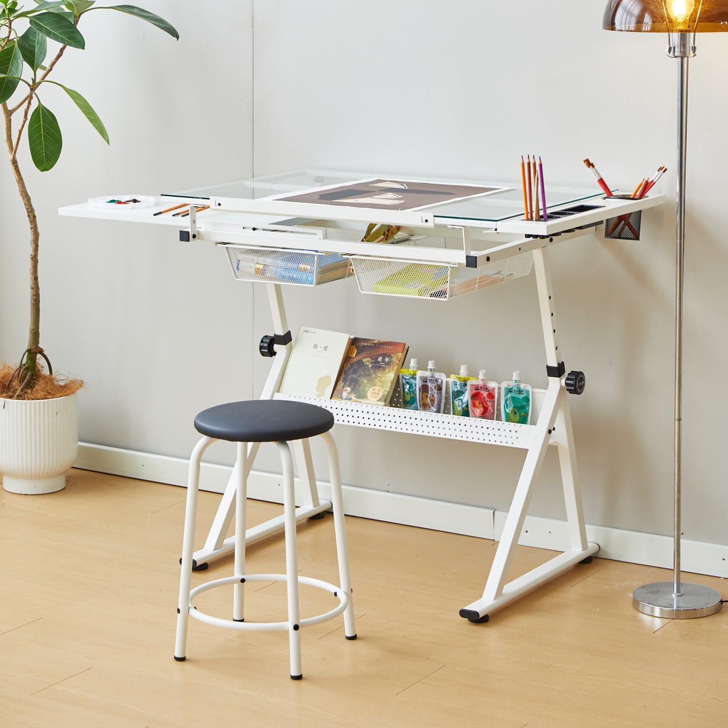 Drafting Table, 0-75° Tilting Glass Tabletop Drawing Table with Stool - Adjustable Height Art Desk with Multi-Storage for Sketching and Painting - Perfect for Artists and Hobbyists, White