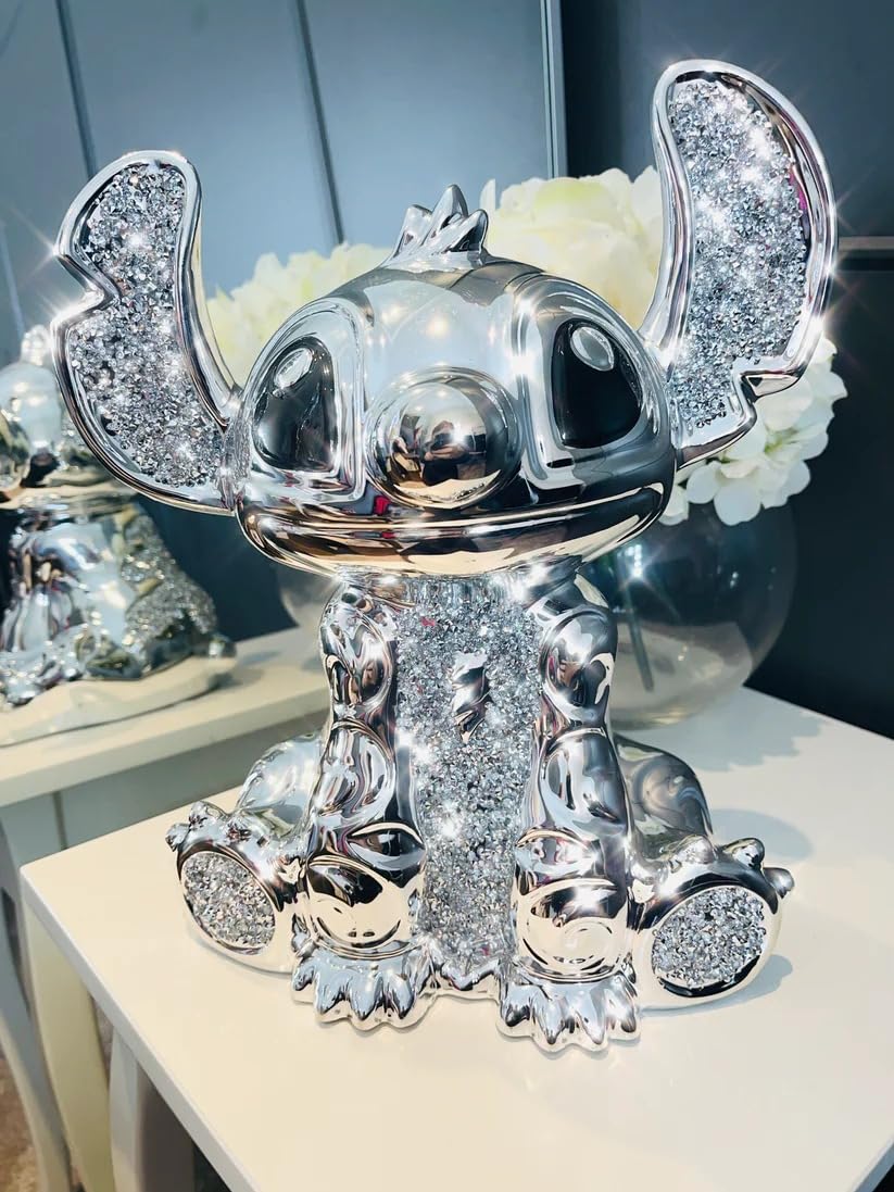 Shabjy Silver Crushed Diamond Crystal Stitch Ceramic Sparkly Ornament, Shelf Sitter Figurine - 30Cm