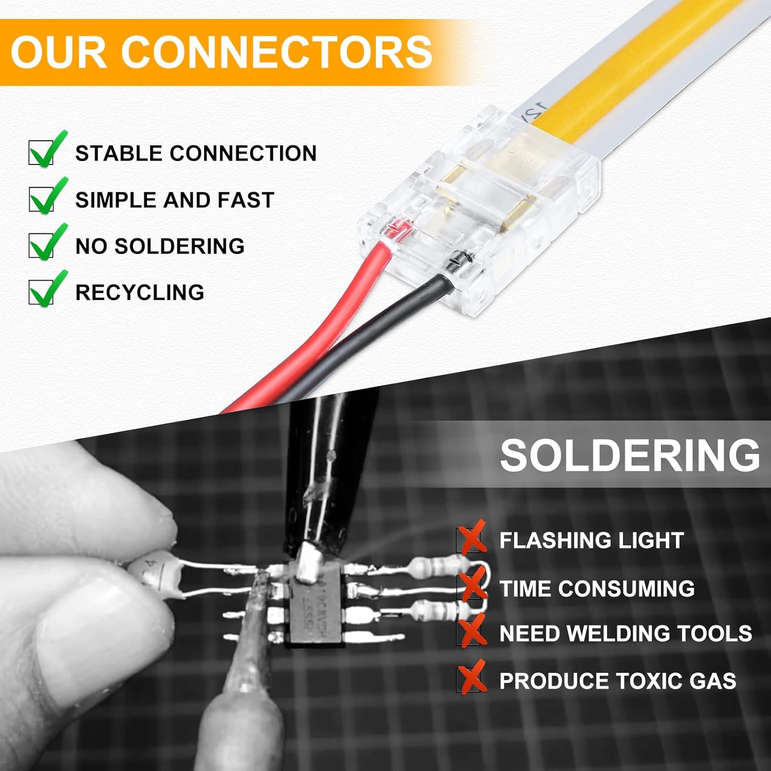 LightingWill LED Strip Connectors 2Pin 10mm, 10 PCS Solderless Pigtail, LED Connectors for Strip Lights, LED Tape Light Connector for COB/SMD 5050 Single Color LED Strips