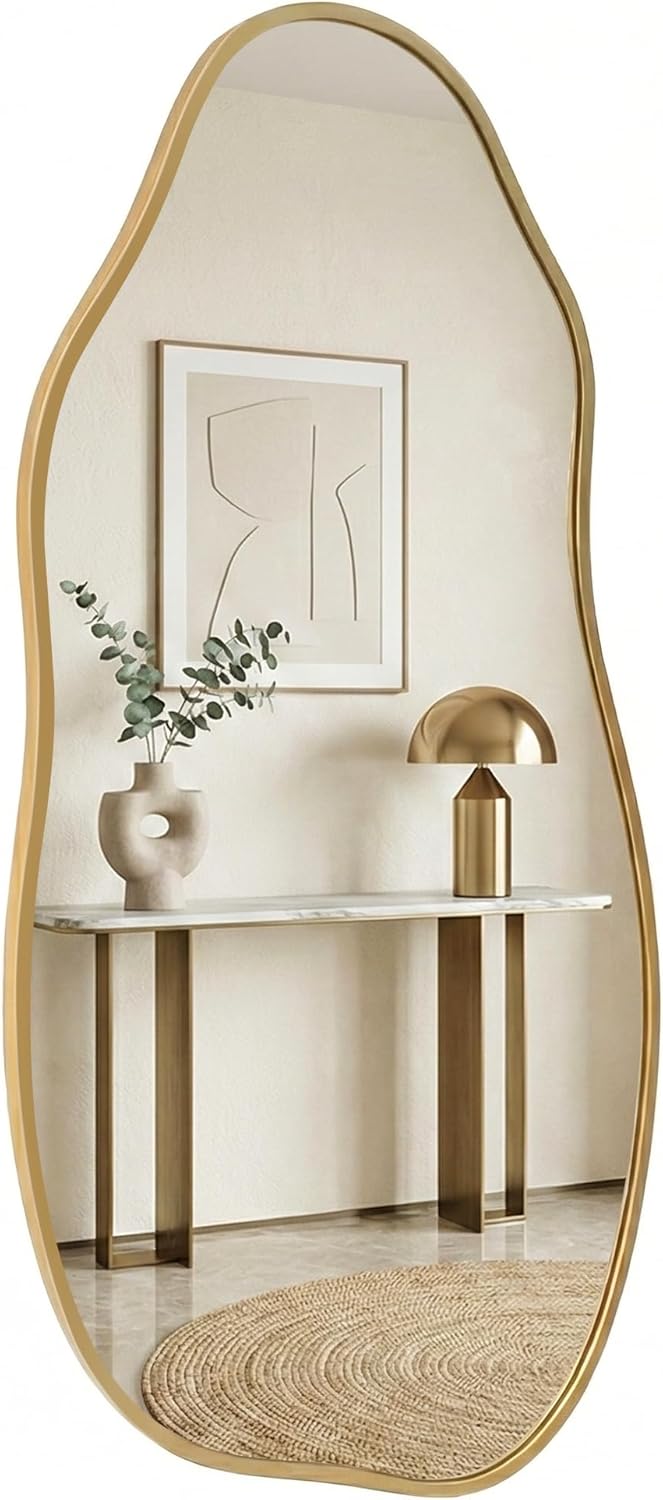 Irregular Wall Mirror 30"x16.5", Small Asymmetrical Mirror for Powder Room, Matte Gold Rust Proof Aluminum, Tempered Glass Wavy Mirror for Bedroom Makeup, Hallway & Aesthetic Room Decor