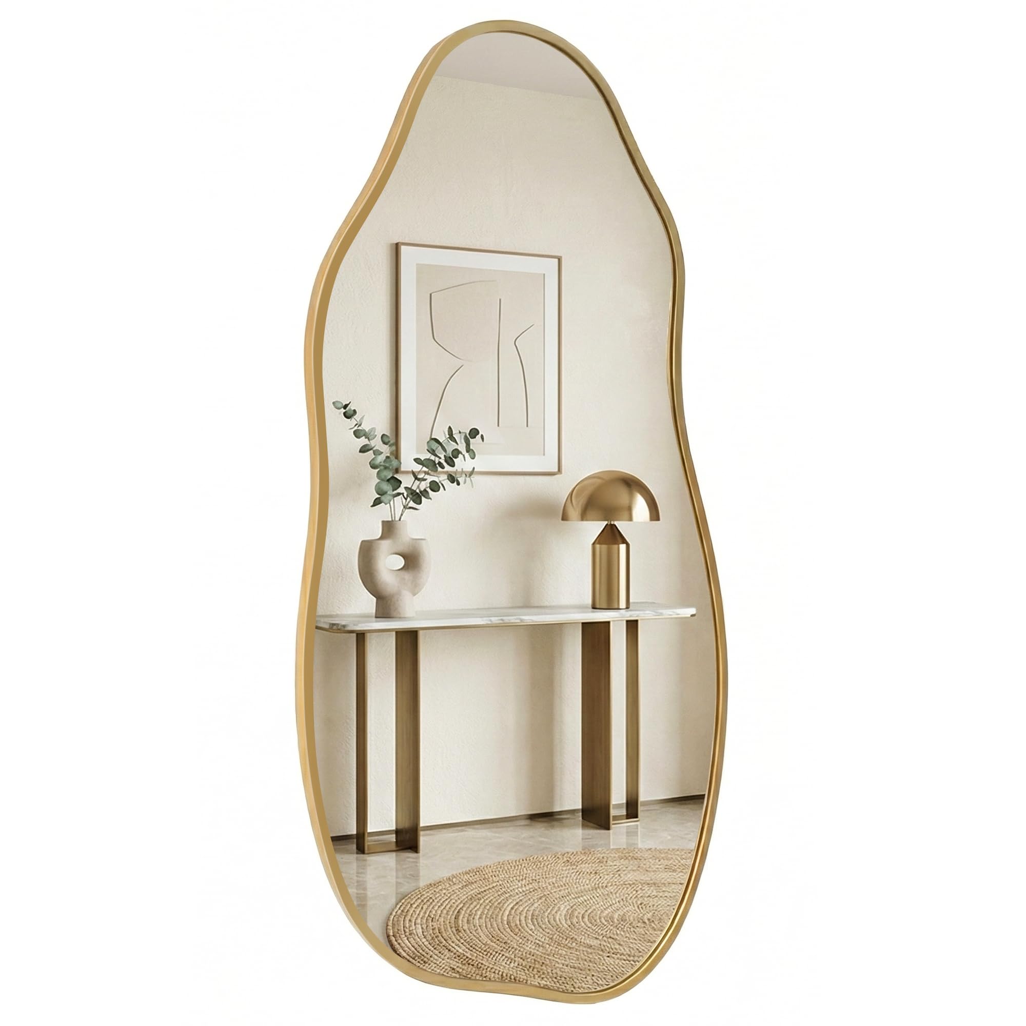 Asymmetrical Wall Mirror 36"x20", Large Irregular Wavy Mirror for Bathroom Vanity, Matte Gold Rust Proof Aluminum Frame, Tempered Glass Horizontal or Vertical Hanging for Living Room Decor