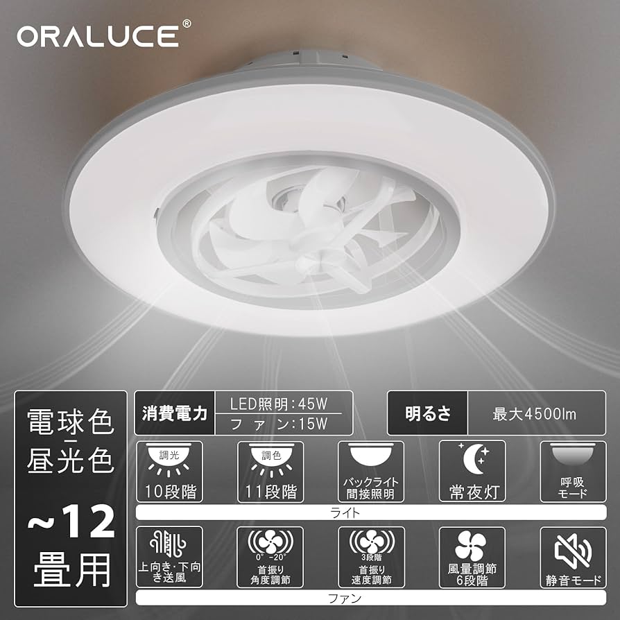 シーリングファンライト 12畳 首振り 【2025年夏モデル 4500lm 静音 Amazon.co.jp : ORALUCE シーリングファンライト 12畳 首振り