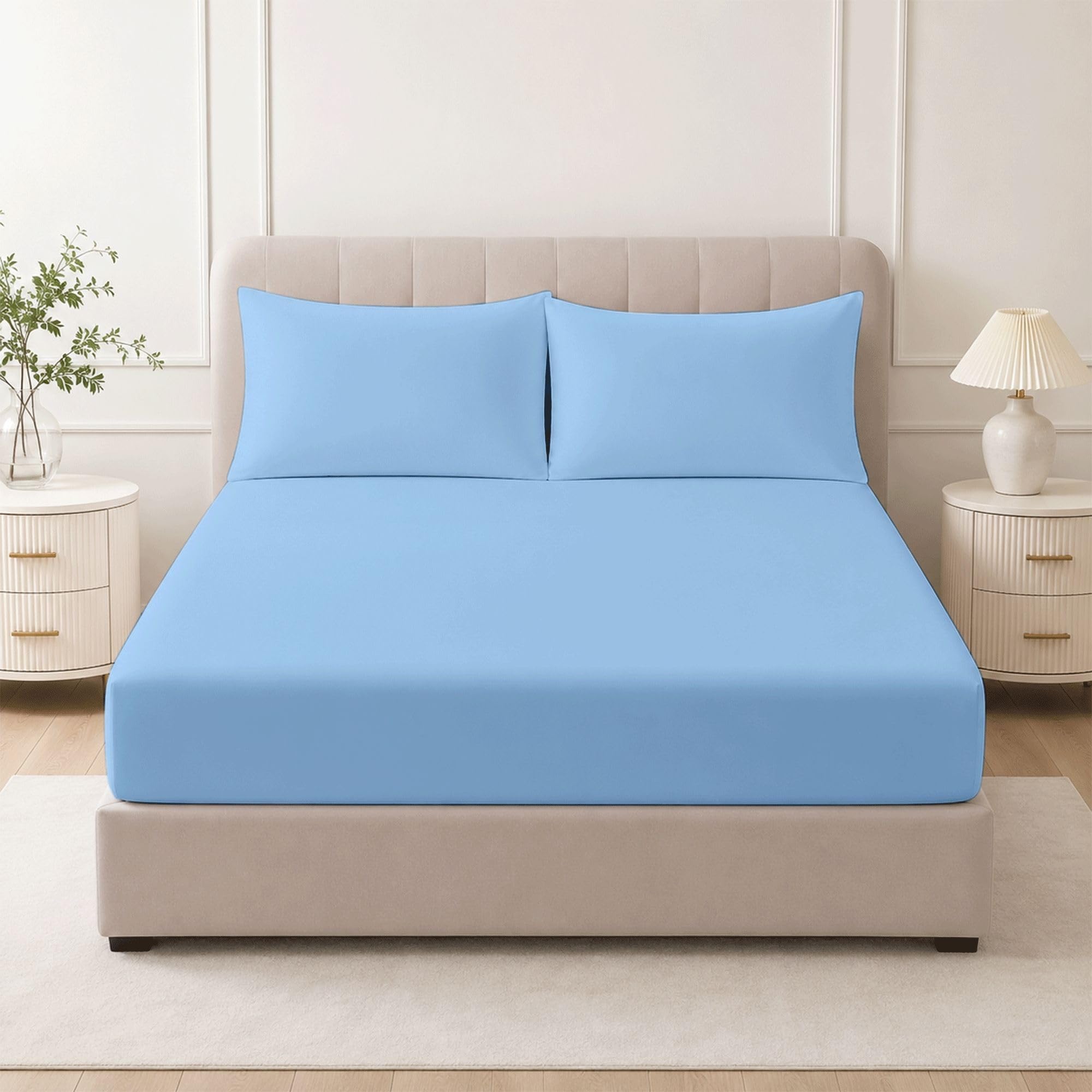 Bloombedding Sky-Blue Double Bed 100% Egyptian Cotton Sheet Set, 400 Thread Count Deep Fitted Sheet 25Cm With 2 Pillowcases, Luxury Cotton Bedding For 137X190cm Mattress