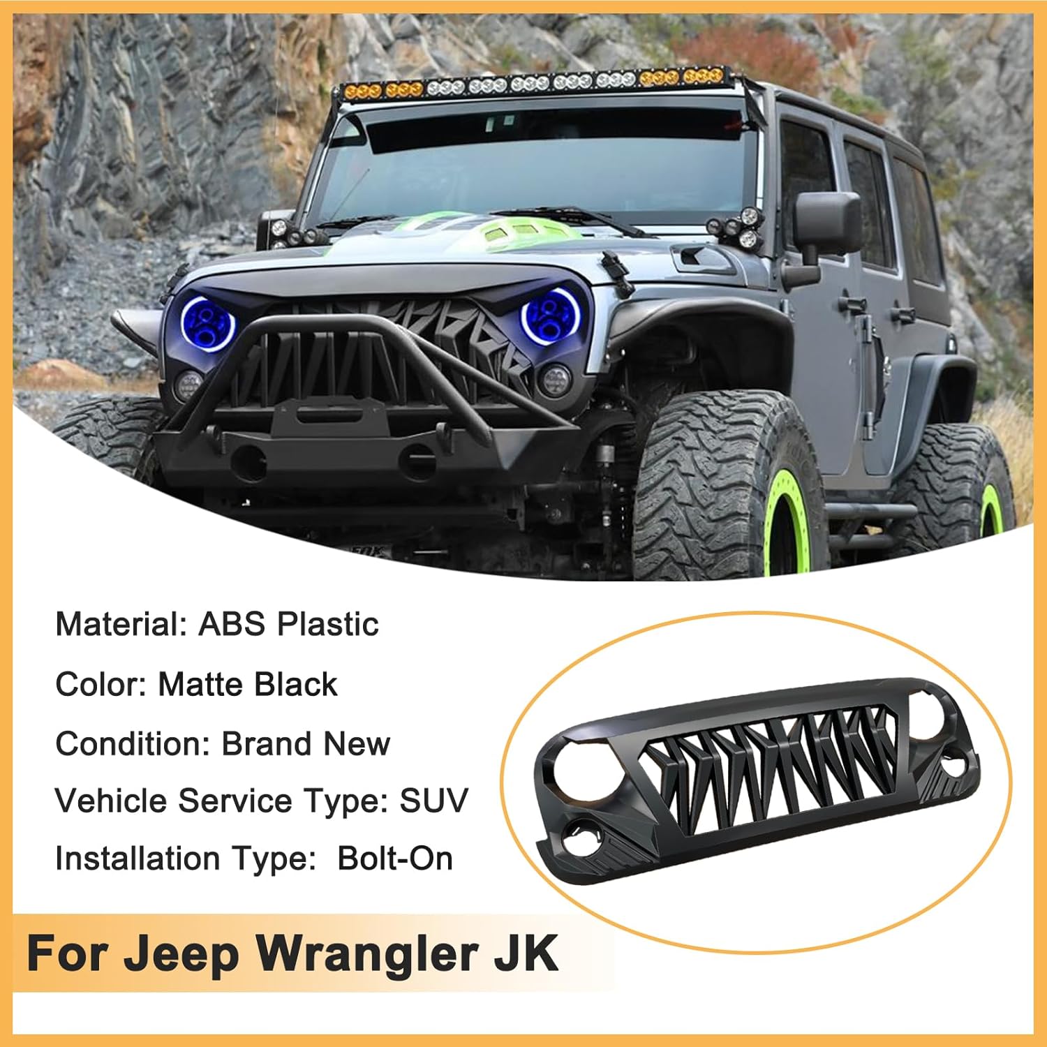 Front Grille For Jeep Wrangler JK Rubicon Sahara Sport Unlimited 2007-2018 Matte Black Shark Grill