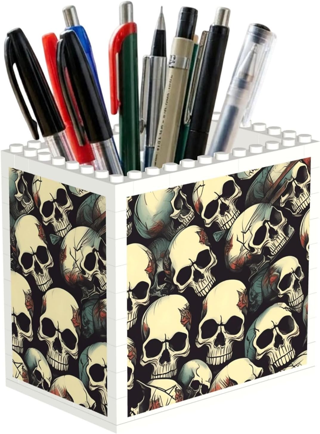 Skull Skeleton Print Uv Print Block Pencil Cup, Detachable Creative Block Desk Organizer Office Abs Pen Holder
