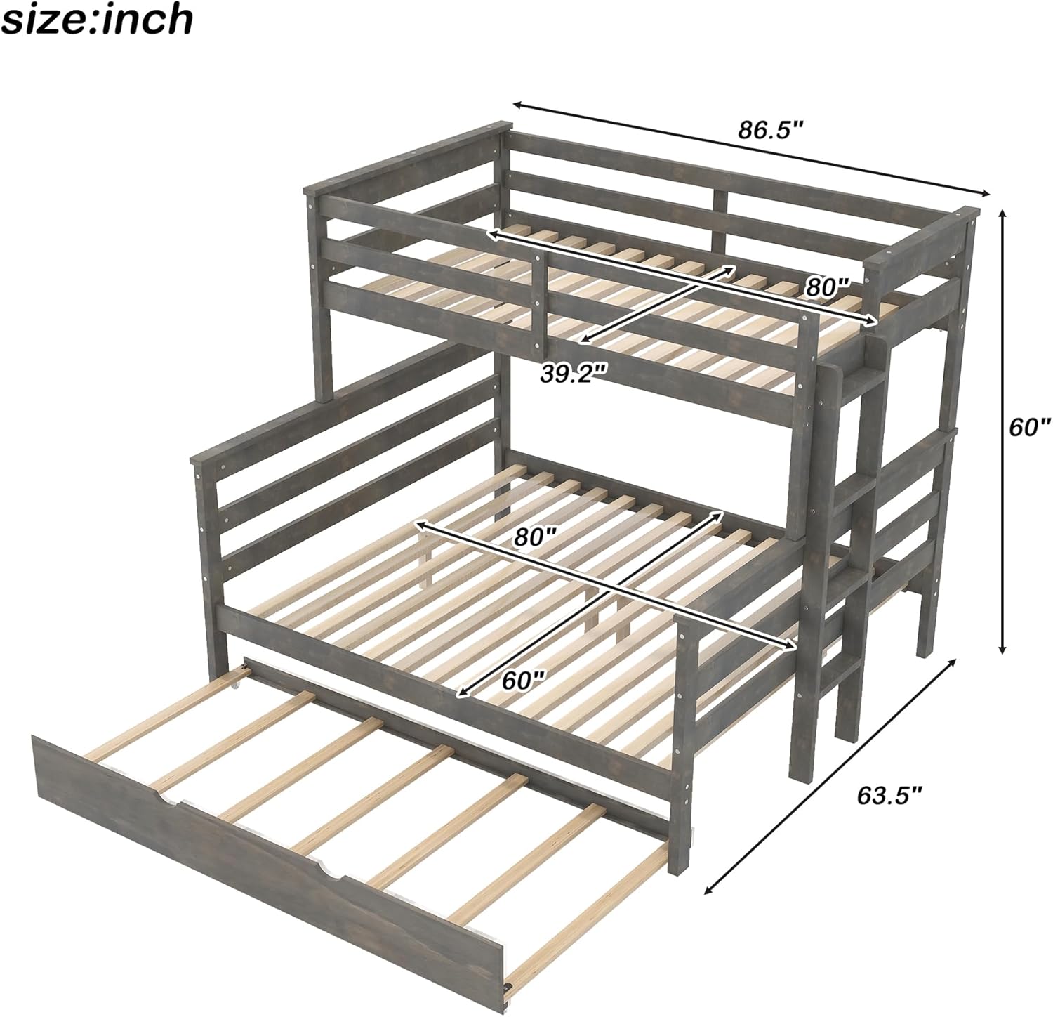 Linique 3-in-1 Convertible Bunk Bed,Twin XL Over Queen with Trundle, Separates into 3 Beds, Sturdy Wood Ladder & Guardrails for Safe Sleep, Grey Finish