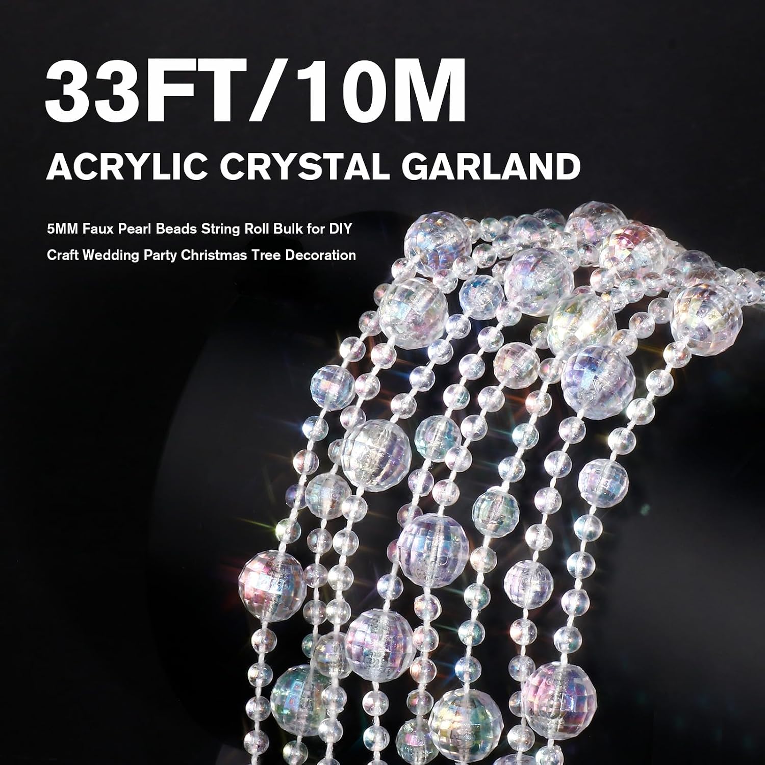 33FT Crystal Bead Garland Strand, Iridescent Diamond-Shaped Acrylic Beaded Garland Strands for DIY Crafts Wedding Birthday Party Decorations