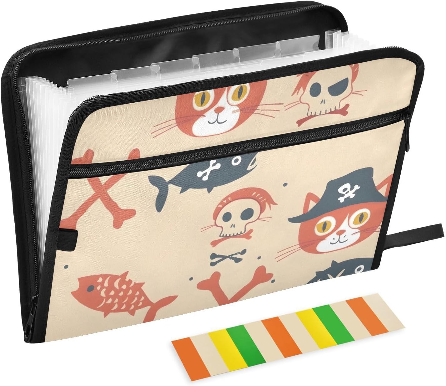 Expanding File Folder Pirate Cat Skeleton Accordion File Organizer 13 Pockets Document Organizer with Zipper Labels A4 Letter Office Storage