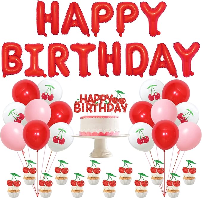 Amazon.com: Cherry Birthday Decorations for Girls, Happy Birthday Foil ...