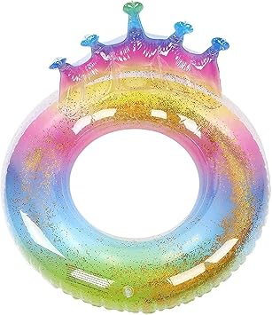 Inflatable Swim Ring | Transparent Glitter Rainbow Swim Pool Float Rubber Swimming Tube Toys Summer Pool Float Beach Swim Float (Rainbow - Crown) | ST03