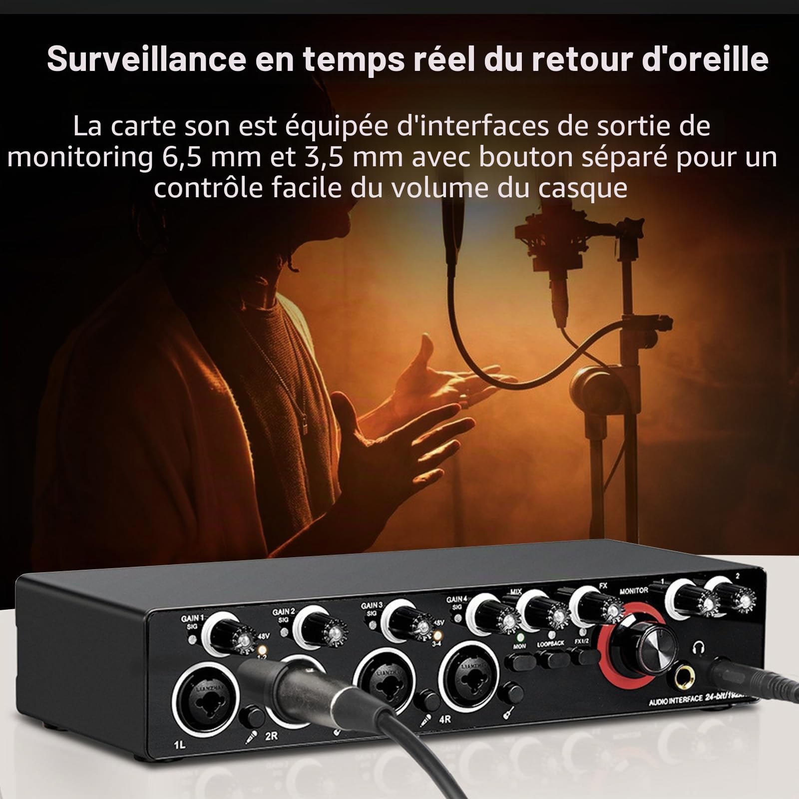 équipement de DJ Carte son d'enregistrement 4 canaux avec interface audio sans pilote, carte son USB 4 entrées 4 sorties, alimentation fantôme 24 bits/192 kHz 48 V pour l'enregistrement