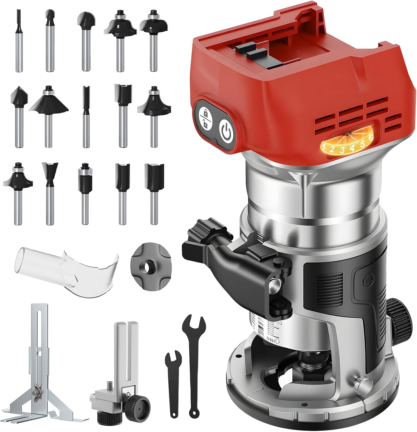 Cordless Router Tool Compatible with Milwaukee 18V Battery, 800W 28000 RPM Brushless Wood Router with 6-Speed Control, Aluminum Base, Depth Adjustment, 15 Router Bits, for Woodworking(Tool Only)