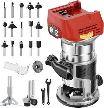 Cordless Router Tool Compatible with Milwaukee 18V Battery, 800W 28000 RPM Brushless Wood Router with 6-Speed Control, Aluminum Base, Depth Adjustment, 15 Router Bits, for WoodworkingTool Only