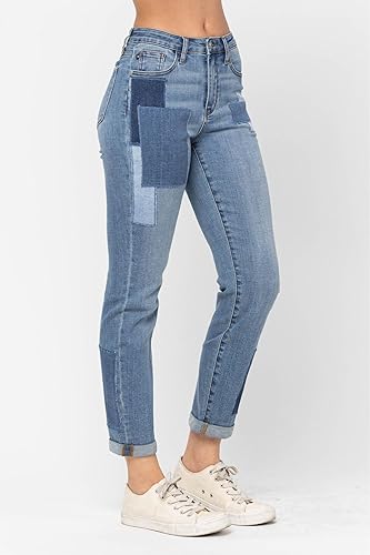 Judy Blue High Waist Boyfriend Jeans - Double Rolled Cuff & Patch Detail