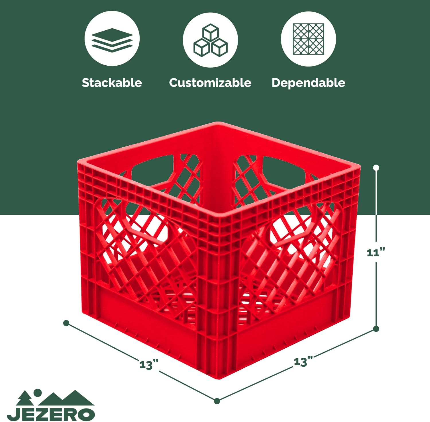 JEZERO Standard Duty Milk Crate | Everyday Storage Solution for Garage, Pantry & Multi Use | Durable Plastic Construction | 13" x 13" x 11", Red, 2-Pack