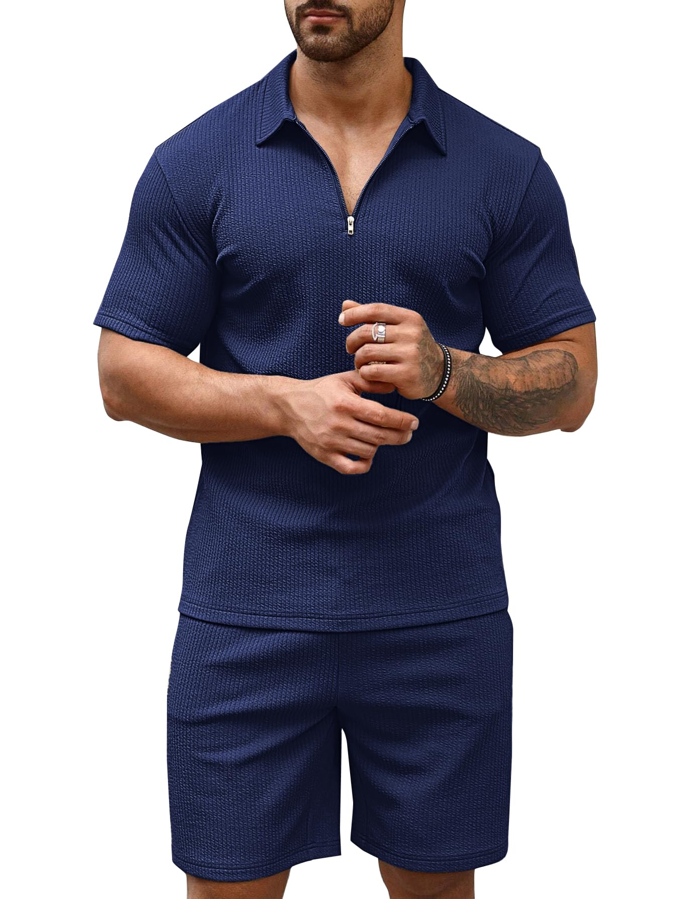 Men's Polo Shirt and Shorts Set | Summer Fashion Short Sleeve Solid Zipper 2 Pieces Outfits for Men-image-11