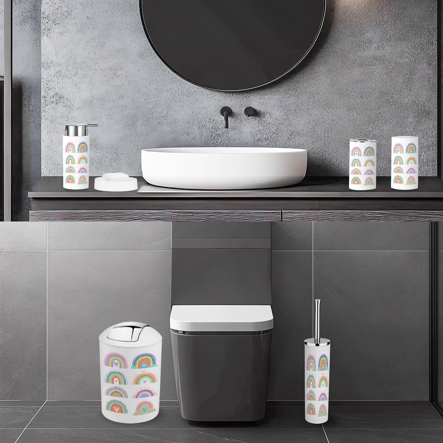 Bathroom Accessory Set 6 Piece Boho Cute Girl Room Rainbows Cartoon Bow arc Decor Summer Dream Trash can, Toothbrush Holder, Soap Dispenser, Soap Dish, Toothbrush Cup, Toilet Brush Holder
