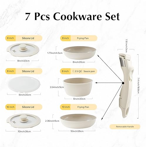 Miniatura 6 de ROCKURWOK Juego de utensilios de cocina de cerámica de 7 piezas, ollas y sartenes antiadherentes, mango desmontable, juegos de utensilios de cocina
