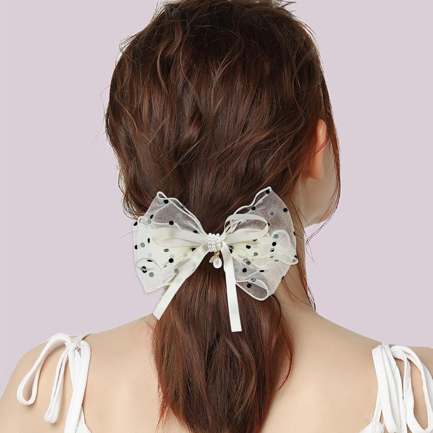 2 Pcs Lace Bow Hair Clips Large Pearl Polka Dot Hair Barrettes Gauze Chiffon Ribbon Bowknot Snap Hair Clasps Cute Tulle French Hair Styling Accessories for Women Girls - Image 5
