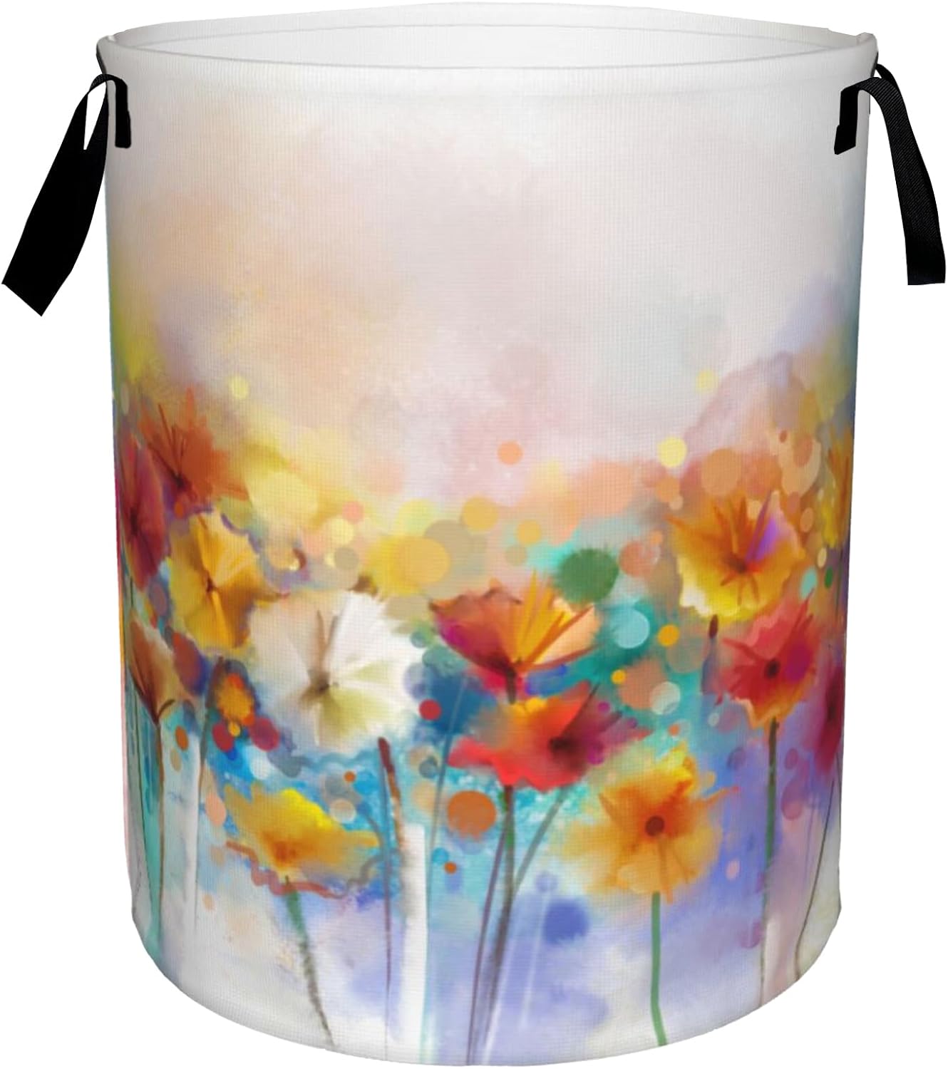 Floral Watercolor Laundry Basket,Abstract Daisy Foldable Laundry Hamper Waterproof Oxford Cloth Tote Bag,Clothes Storage Bucket Decorative Toy Organizer For Bathroom Bedroom 16" x 20"