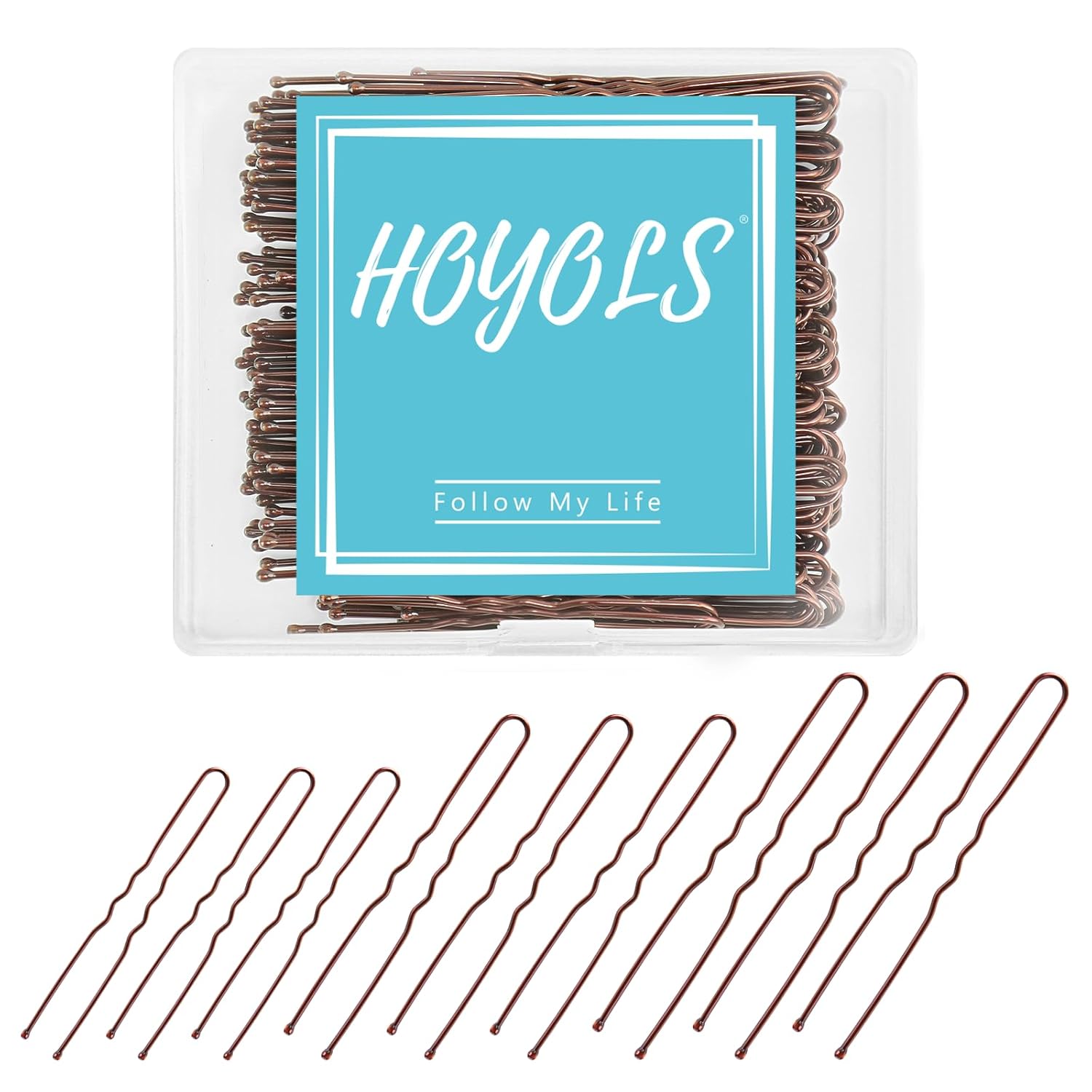 HOYOLS U-Shaped Bobby Pins Brown - Assorted Sizes Metal Hair Clips Crimped Ball Tips, 150 Count Bulk Pack for Secure Hairstyles