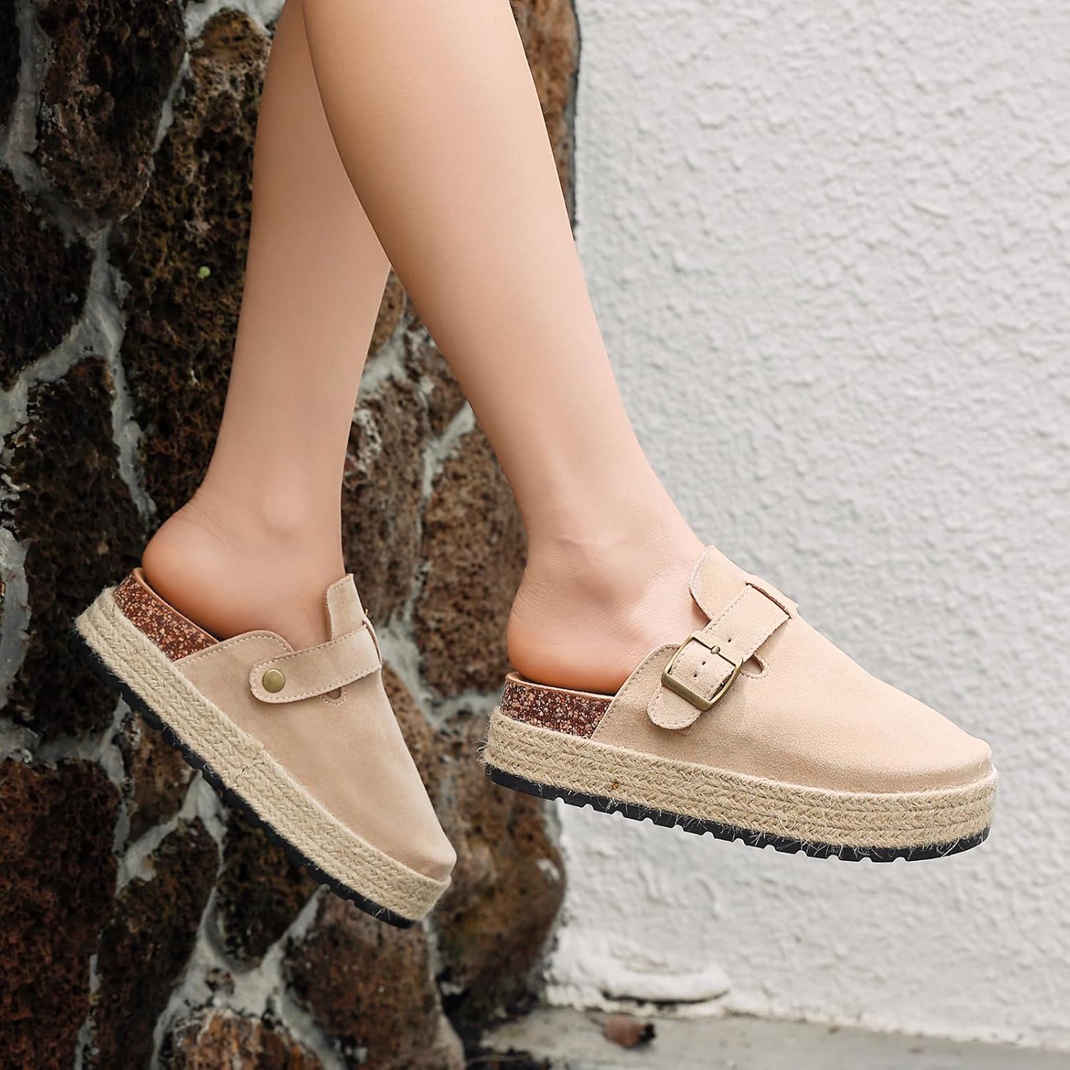 youermei Suede Platform Clogs for Women - Comfort Cork Footbed Slip-On Mules with Memory Foam and Arch Support - Potato Shoes with Adjustable Buckle - Image 3