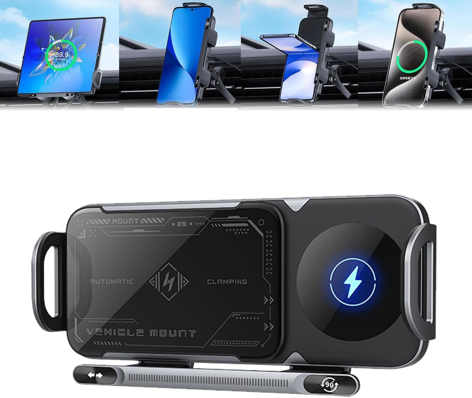 High Intelligent Mobile Phone/Pad Holder,Wireless Car Charger Fast Charging Phone Holder, 2 in 1 Auto Rotating Phone Holder,Compatible with Foldable Phones. (Black)