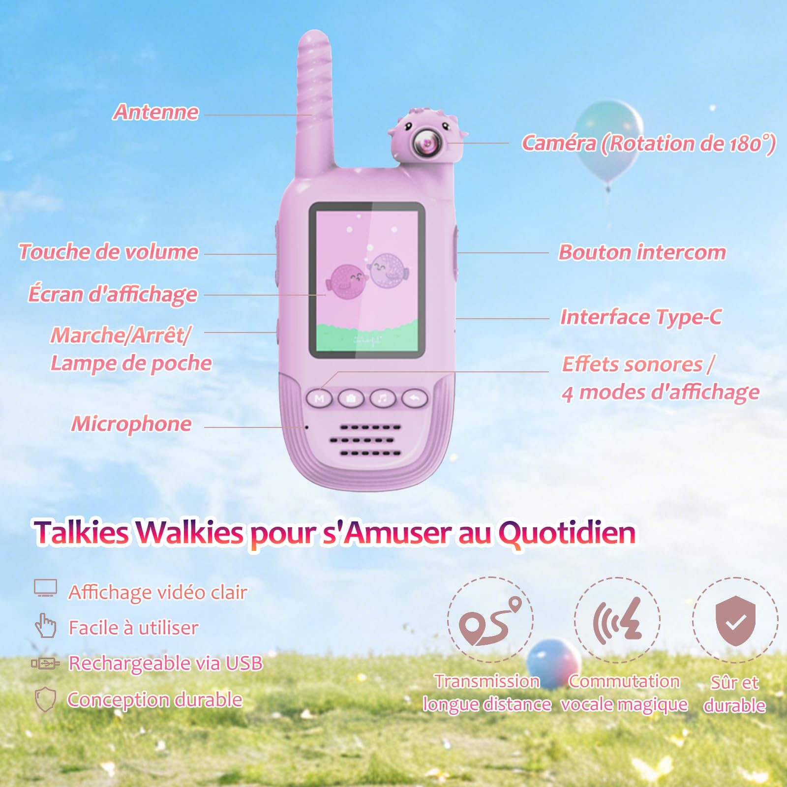 Talkies-Walkies Vidéo pour Enfants avec Caméra Pivotante à 180° Talkies-Walkies Charge USB-C Changeur de Voix Talkie-walkie pour Le Camping, Les Voyages, la Randonnée, Cadeau pour Enfants
