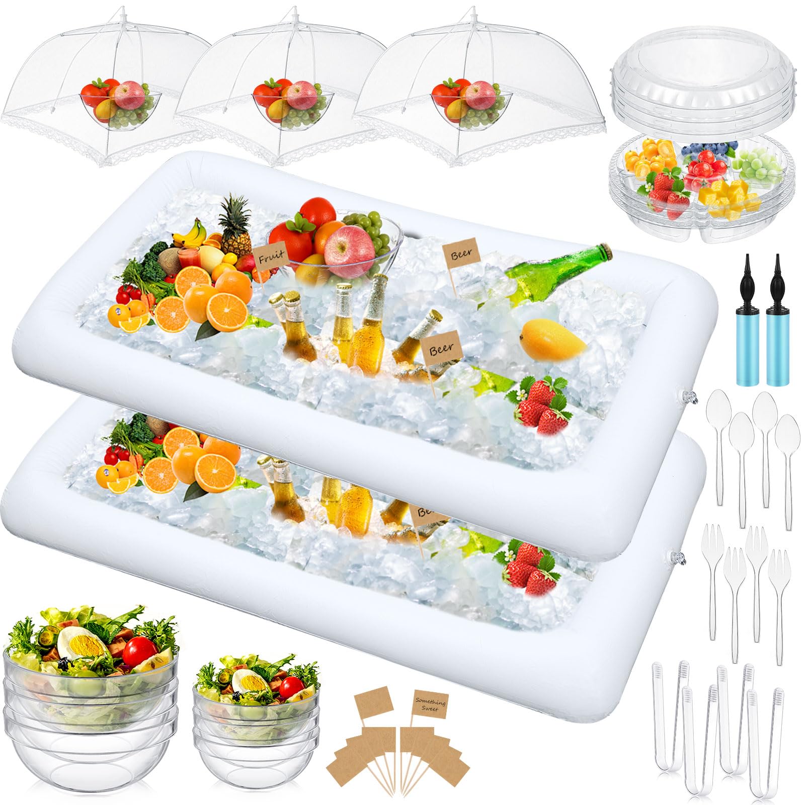 FillTouch Juego de 128 barras de servir, 2 barras inflables para servir con 3 cubiertas de malla para alimentos, 6 cuencos de ensalada con 12 utensilios para servir, 5 bandejas redondas de plástico