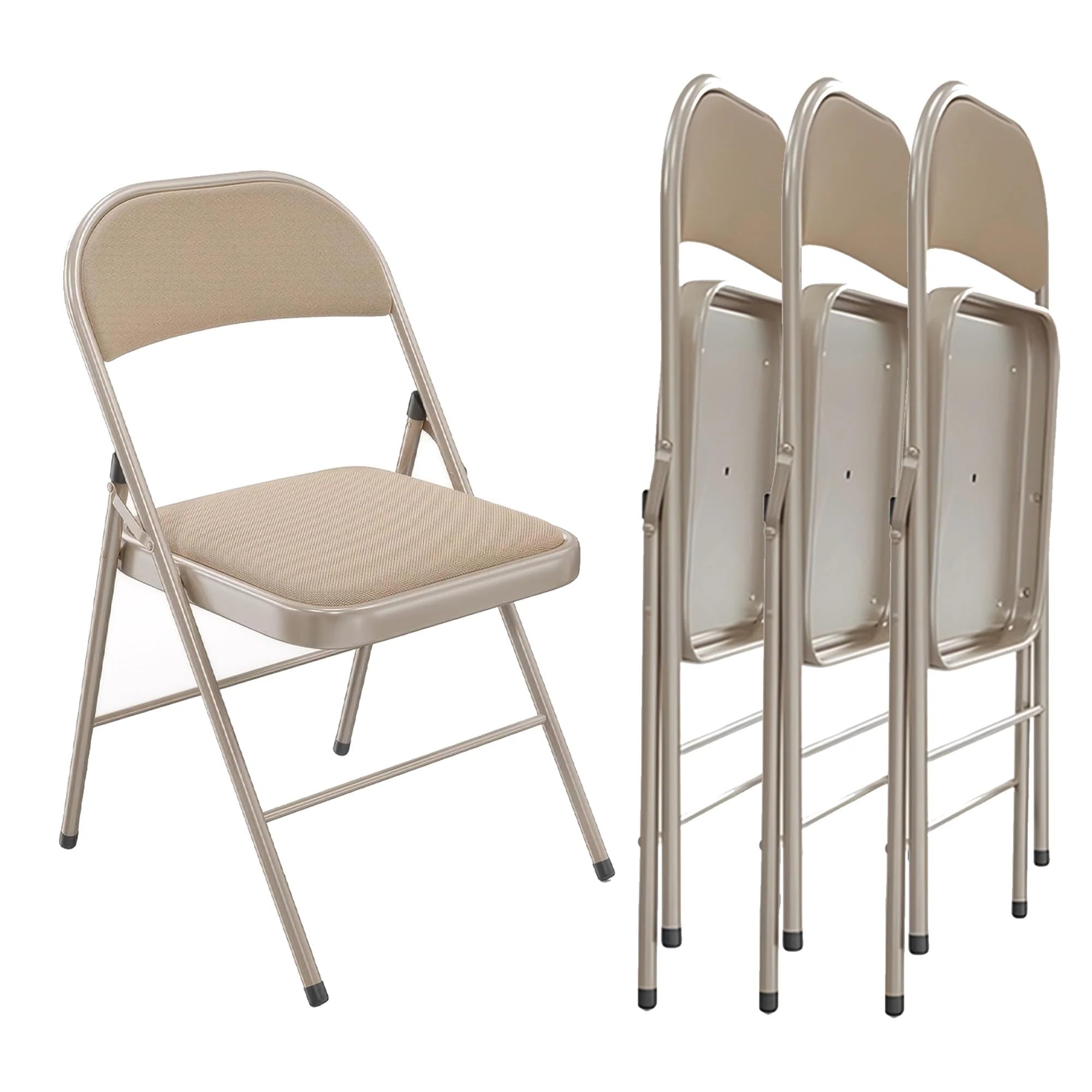 Folding Chairs with Cushion 4 Pack - Kahki Fabric Padded Folding Chair with Steel Frame for Events Office Wedding Party, 330 Pound Capacity (Kahki, Fabric, Set of 4)
