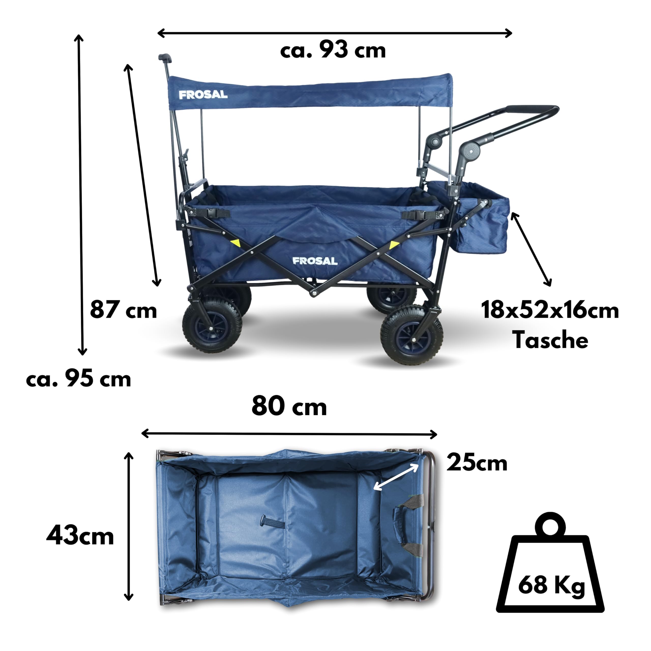 FROSAL Bollerwagen Nick PRO faltbar mit Bremse Dach blau klappbar | Schiebegriff | Luftreifen | Lufträder Ideal für Strand Wald & Feldwege