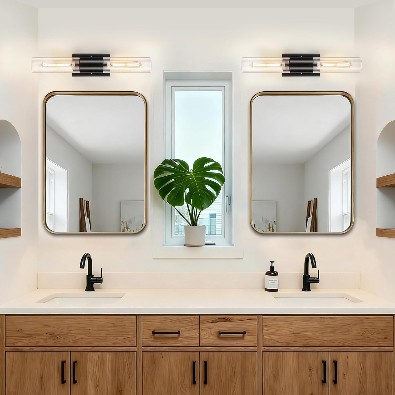 Wall Sconces Set of Two, Black Bathroom Sconces Wall Lighting with Clear Glass Modern Sconces Wall Light Set of 2 Bathroom Light Fixtures Vanity Light for Living Room Bedroom Washroom Hallway