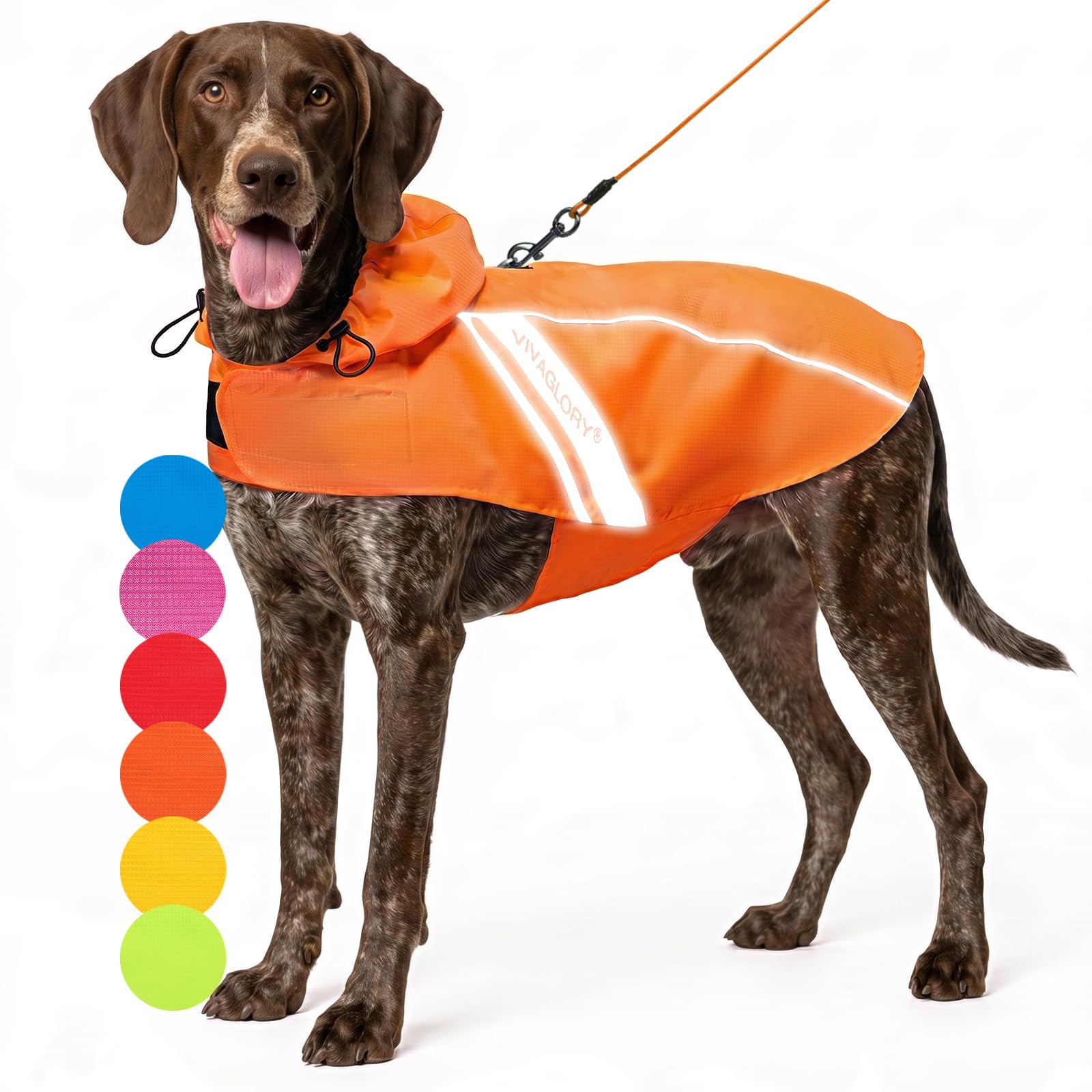 VIVAGLORY Impermeable para Perros Grandes, Fácil de Poner y Quitar, Ropa Reflectante, Ligera y Transpirable, Chaleco de Seguridad, Naranja