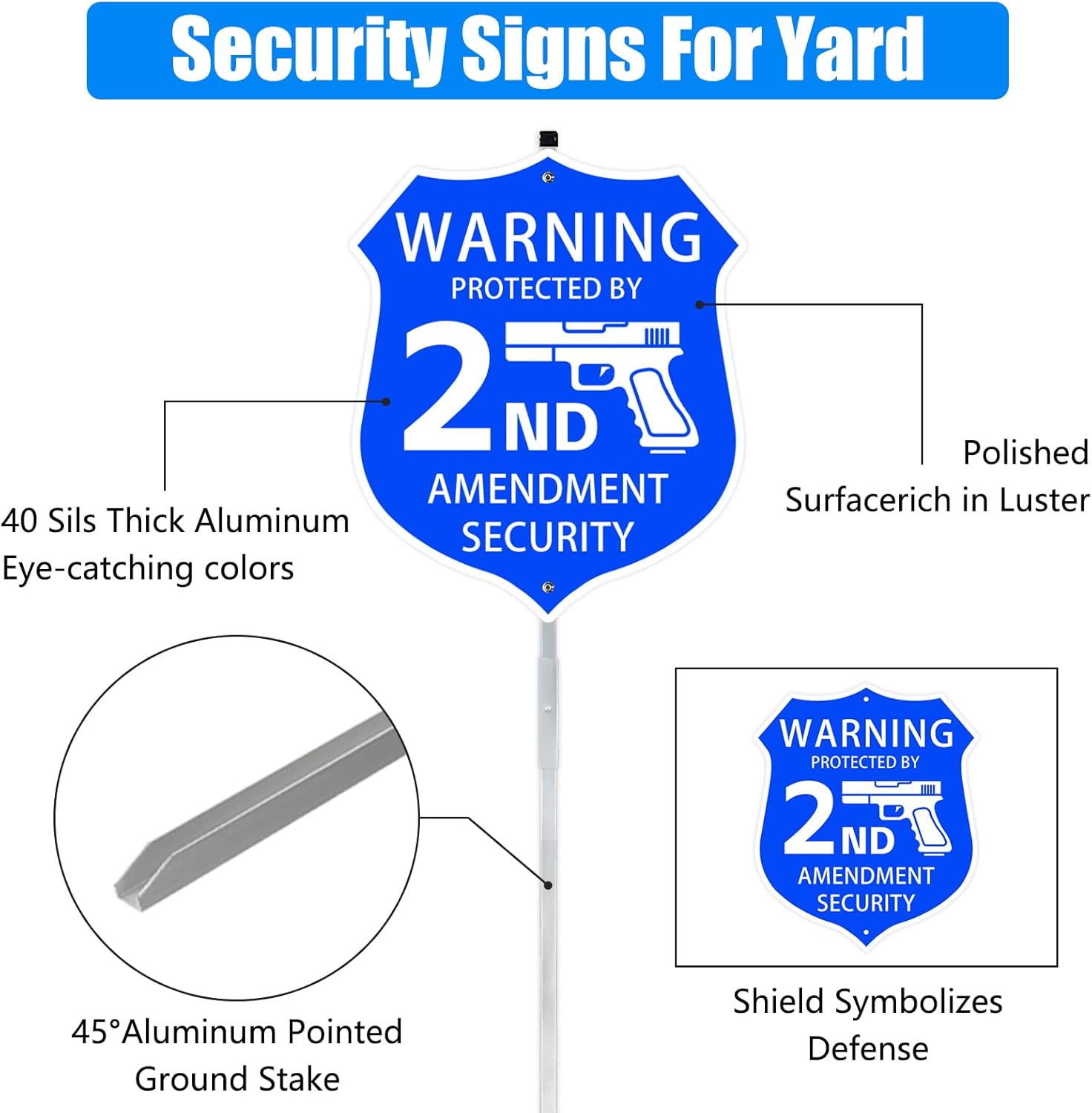 9インチ x 71.1 cm シールド形状 ホームセキュリティサイン 杭とアクセサリー付き ヤード用 憲法修正第2条による保護 銃の