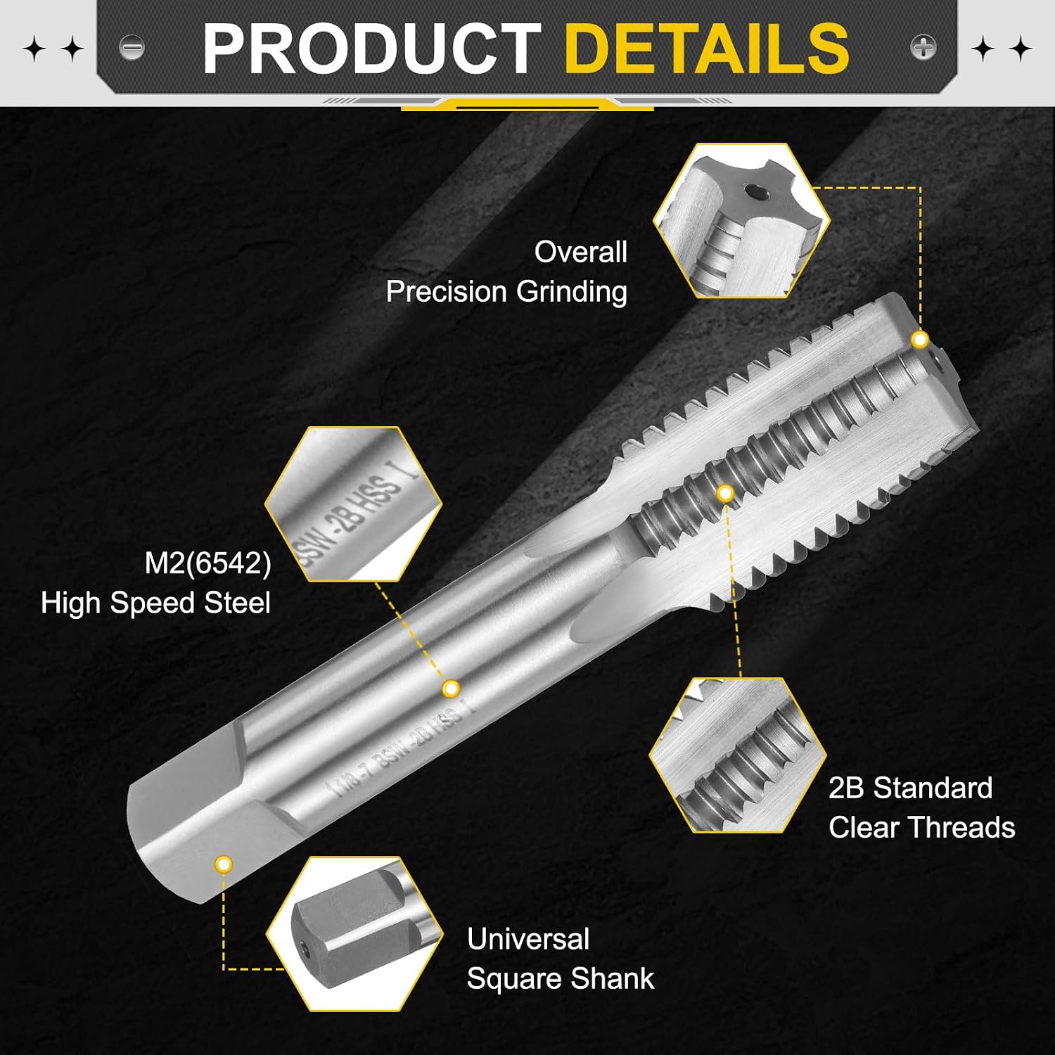 uxcell Hand Taper Tap 1-1/8"-7 BSW Thread Taper Style Taps Straight Flute Screw Tapping Threading Tool High Speed Steel HSS6542