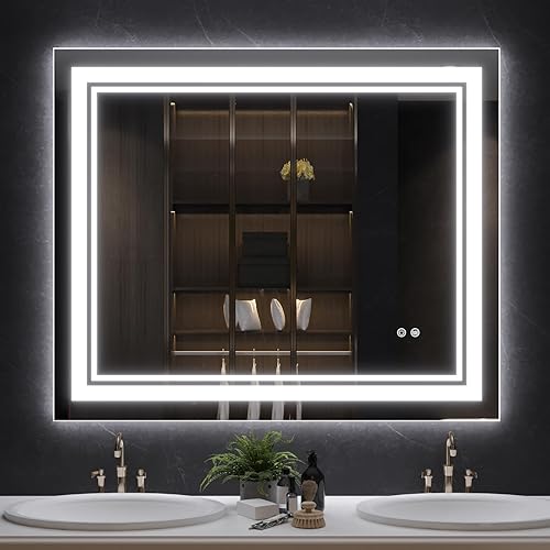 Woodsam Espejo de baño LED de 48 x 40 pulgadas, espejo de baño con ajuste de memoria antivaho con luces, 3 colores regulables iluminados, espejo de