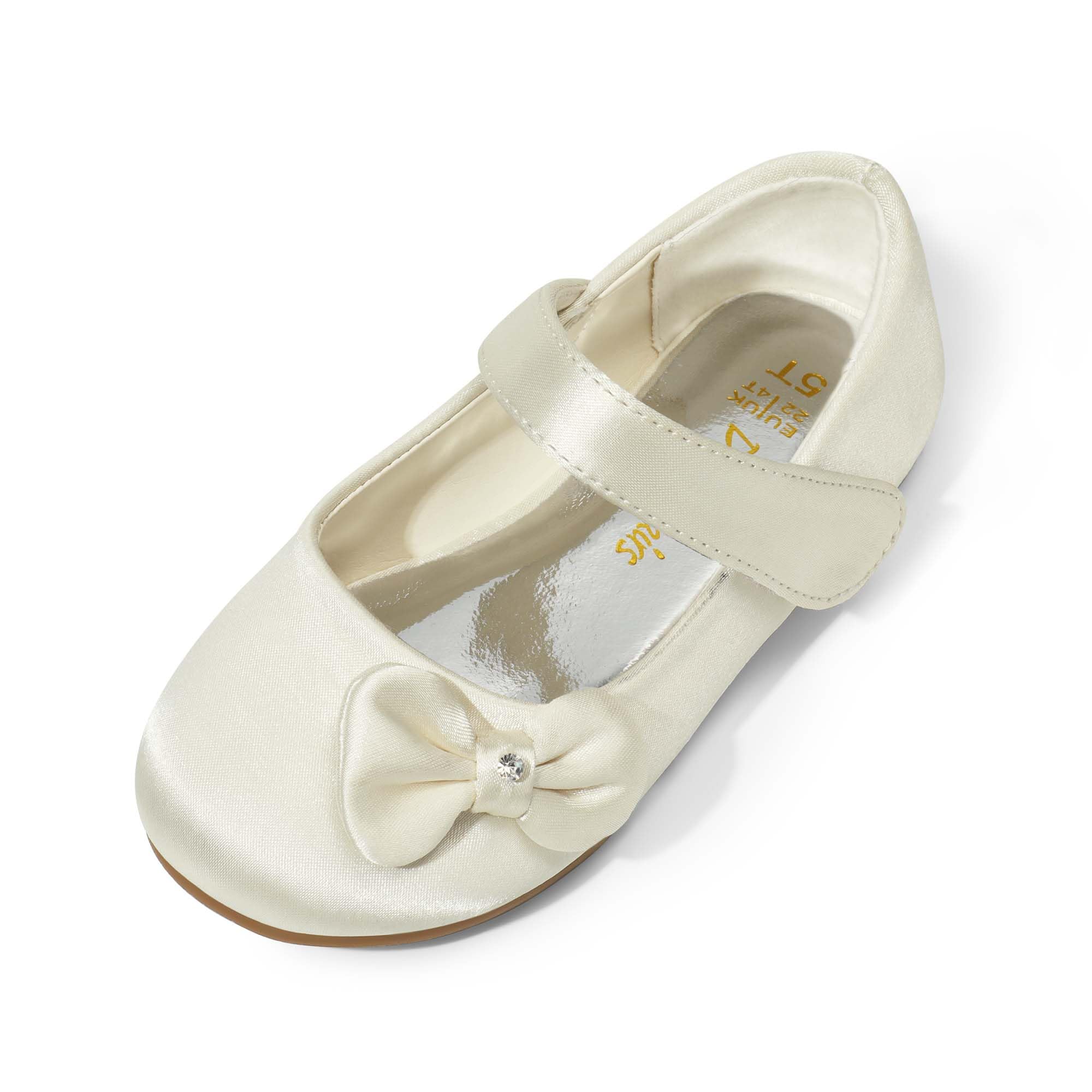 DREAM PAIRS Girls Mary Jane Dress Shoes Side Bow Ballerina Flat for Wedding, Party, Walking, Christmas Angel-5 Ivory/Satin Size 13 Little Kid