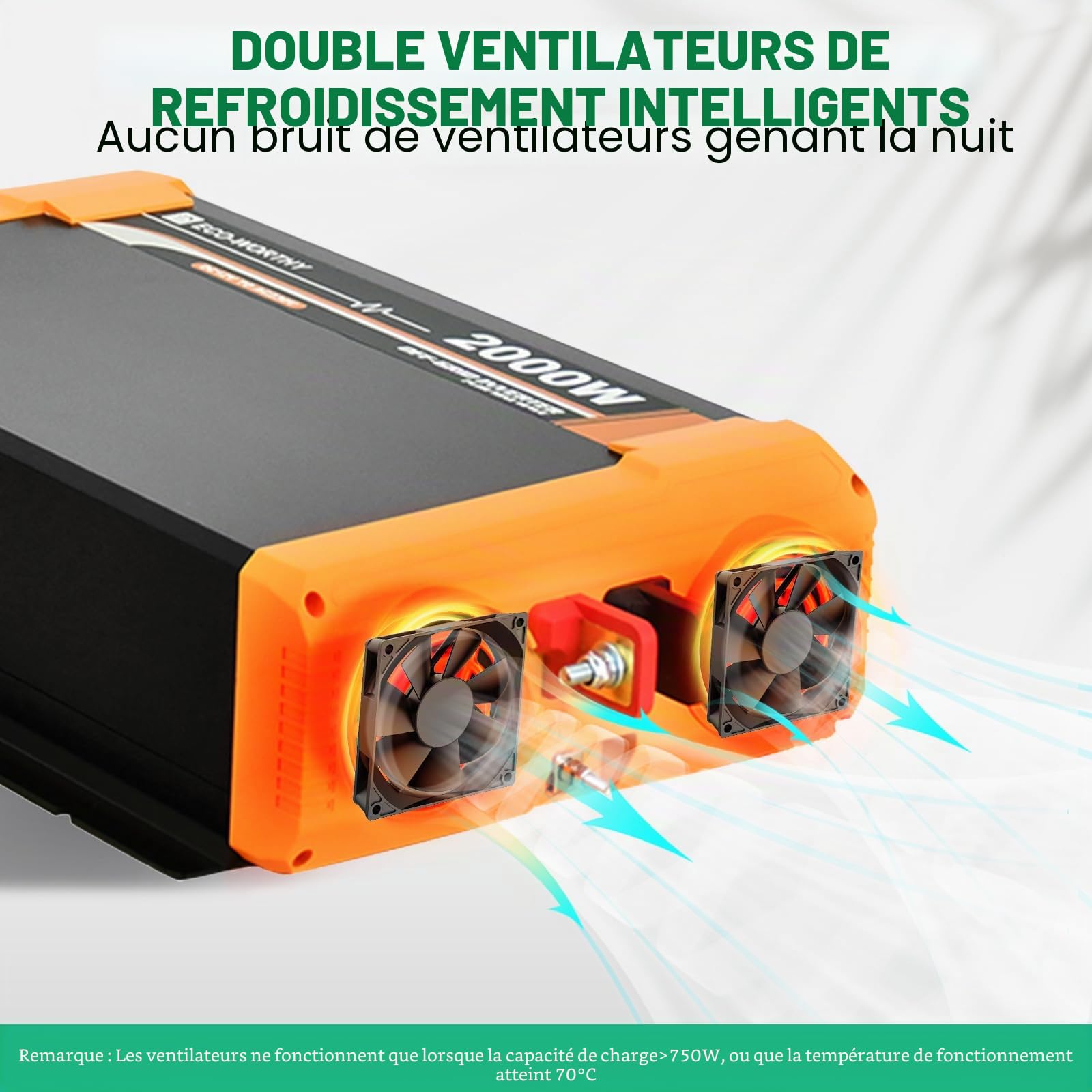 ECO-WORTHY Onduleur sinusoïdal pur 12 V 2000 W, 95 % efficace, double port USB 18 W, 2 prises AC, 1 pince de serrage et 1 fusible 100 A, Moderne, Navy, White