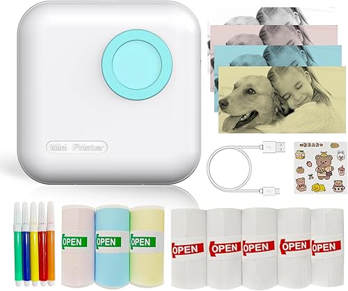 Mini impresora portátil, impresora adhesiva sin tinta con 8 rollos de papel, mini impresora térmica inalámbrica Bluetooth, cápsula de impresión