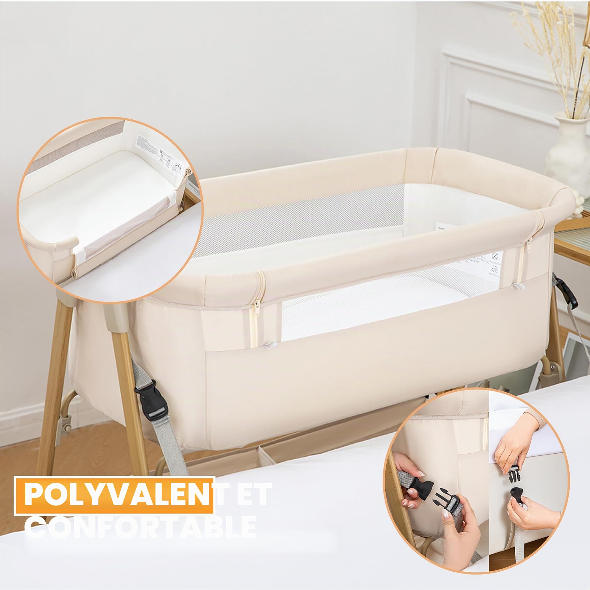 Lit Parapluie Bebe, Lit Cododo avec Matelas, Moustiquaire, Sac De Rangement, Roues Bloquables & Sangles-it pour Bebe pour 0-6 Mois,Jusqu'à 9kg-Bois Foncé