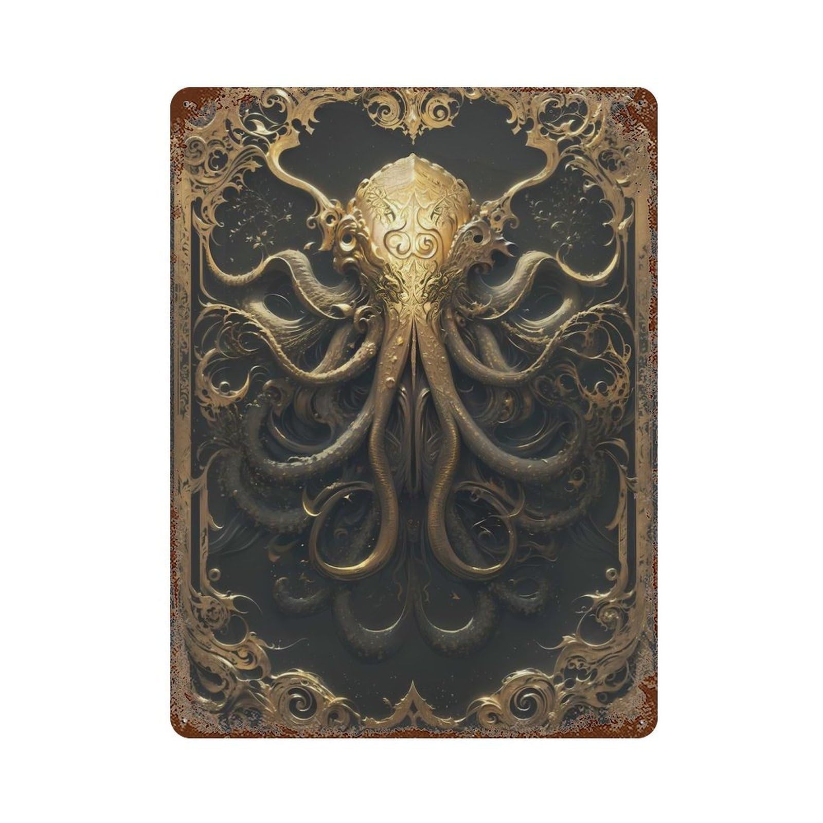 Retro Metal Sign Golden Cthulhu Art Deco 15.7"x11.8", Decorative Metal Wall Art for Pub, Kitchen And Man Cave Decor