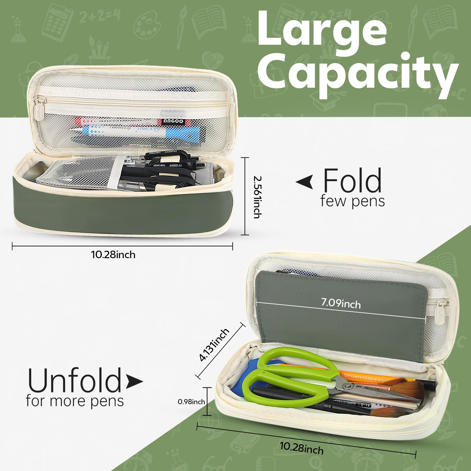 PUPTILY Pencil Case, Large Capacity Aesthetic Pencil Cases with Durable Zipper, Big Stationery Pencil Pouch for Women & Men, Adults Portable Storage Organizer Bag for College, office, Travel (Green)