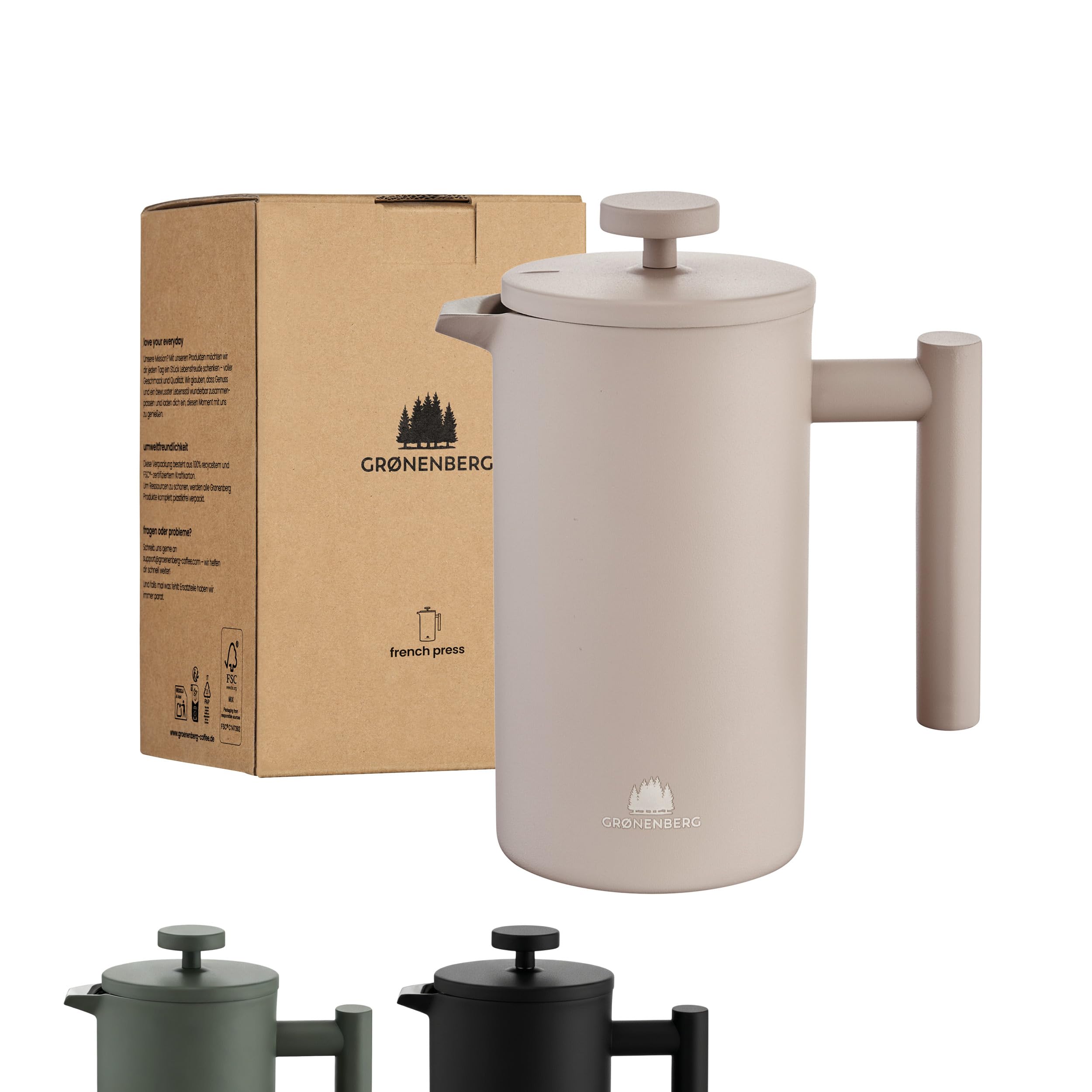 Groenenberg Cafetière à piston colorée | French Press avec filtres de rechange | 0,6 ou 1 litre | Cafetière a Piston en acier (inox) (Earth, 1000 ml)