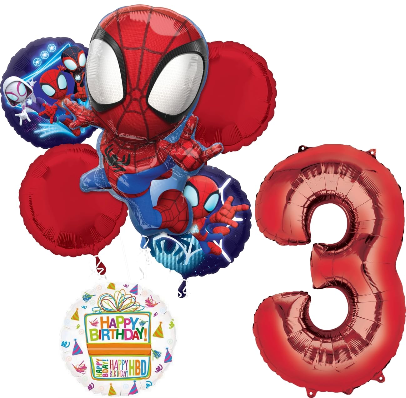 Spidey and Friends 3rd Birthday Party Supplies 7pc Foil Balloon Bouquet Decorations